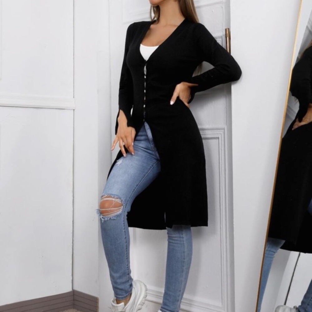 Cozy Black Button Up mid length slit cuff cardigan - Picture 3 of 4